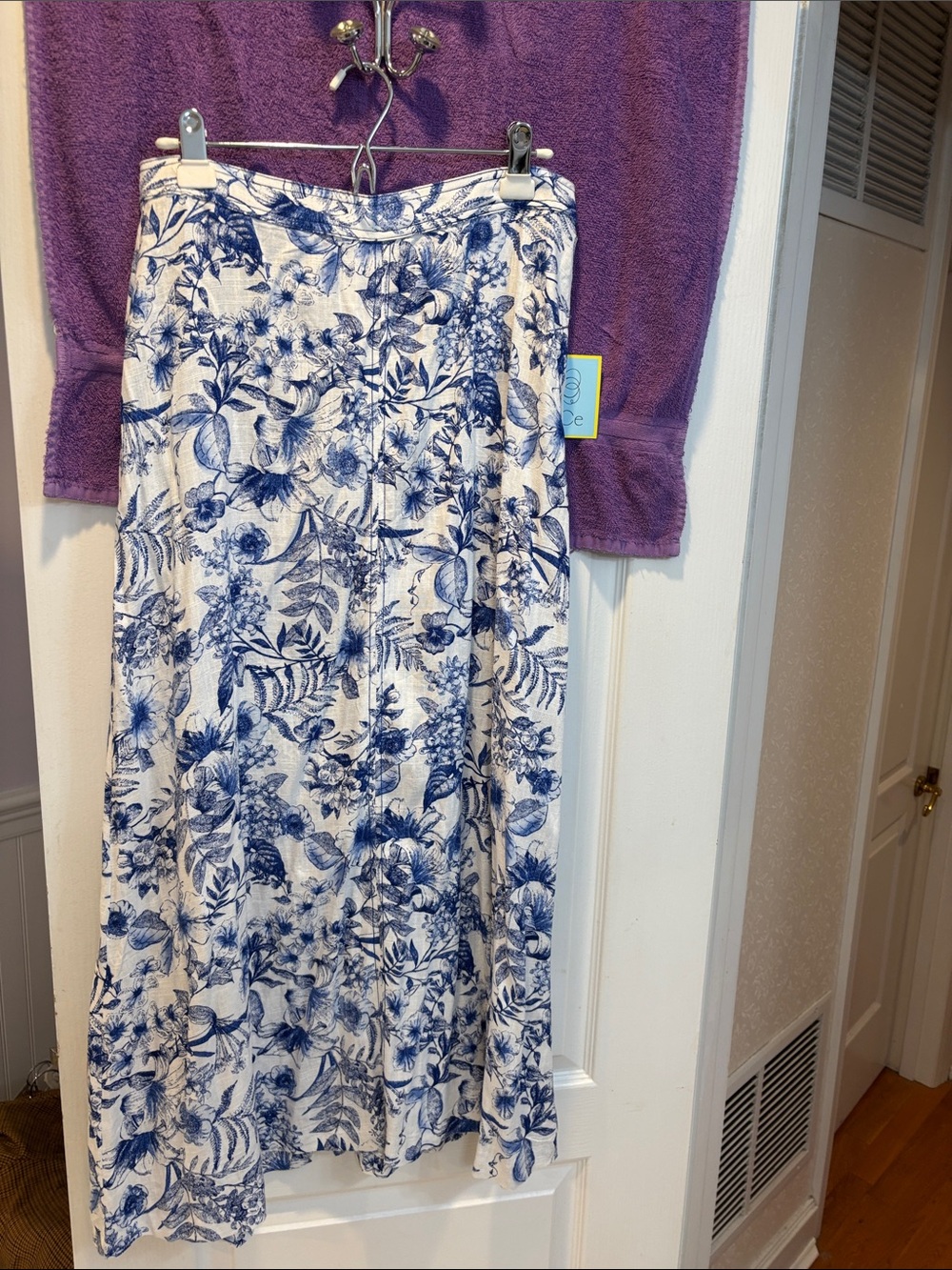 NWT CeCe White Maxi Skirt with Blue Floral Print